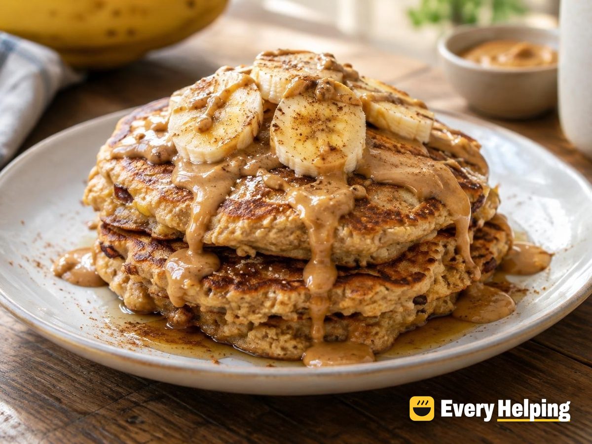Banana Oat Pancakes with Peanut Butter Drizzle