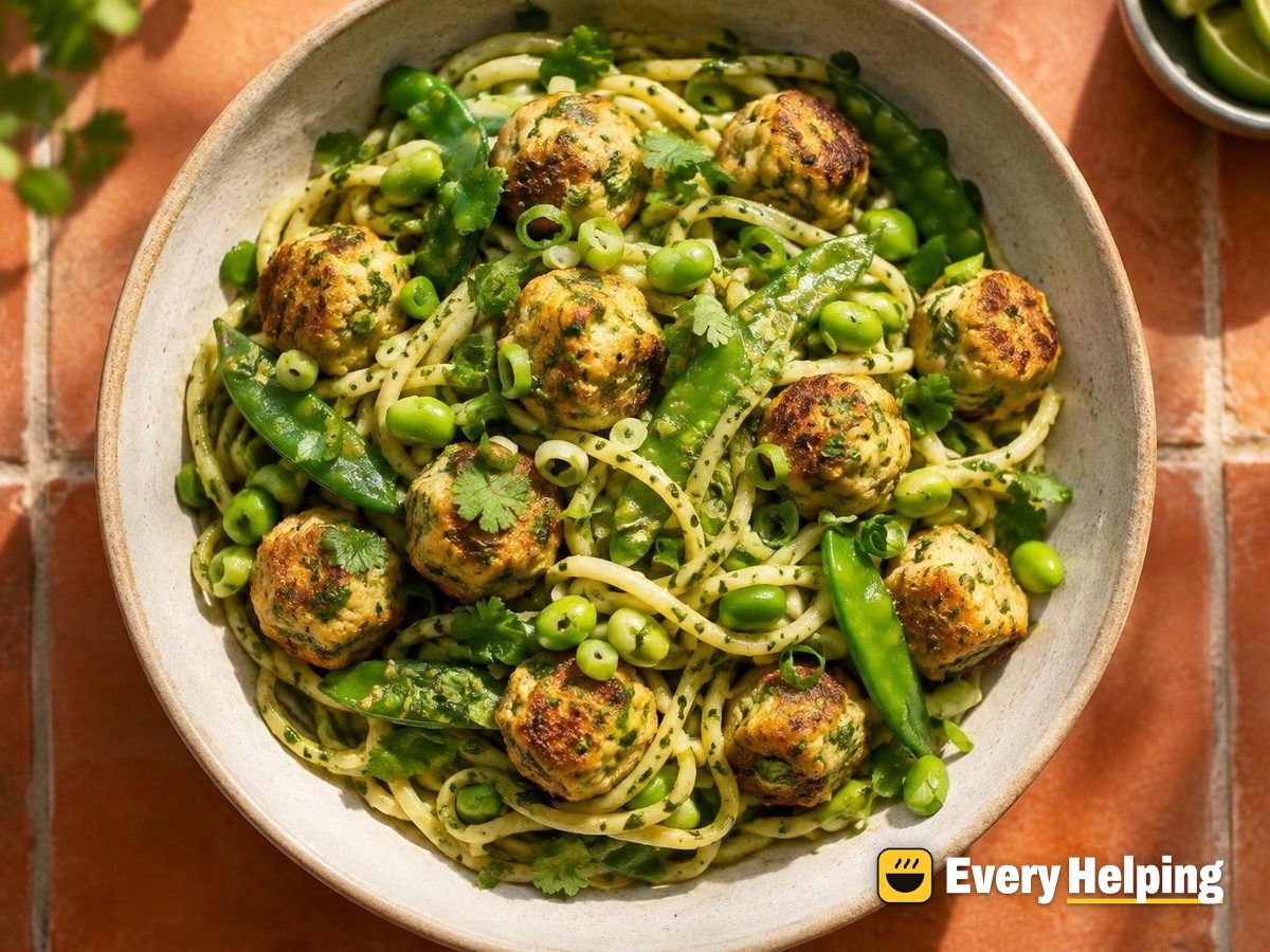 Skillet Miso-Ginger Tofu Balls with Cilantro Noodles