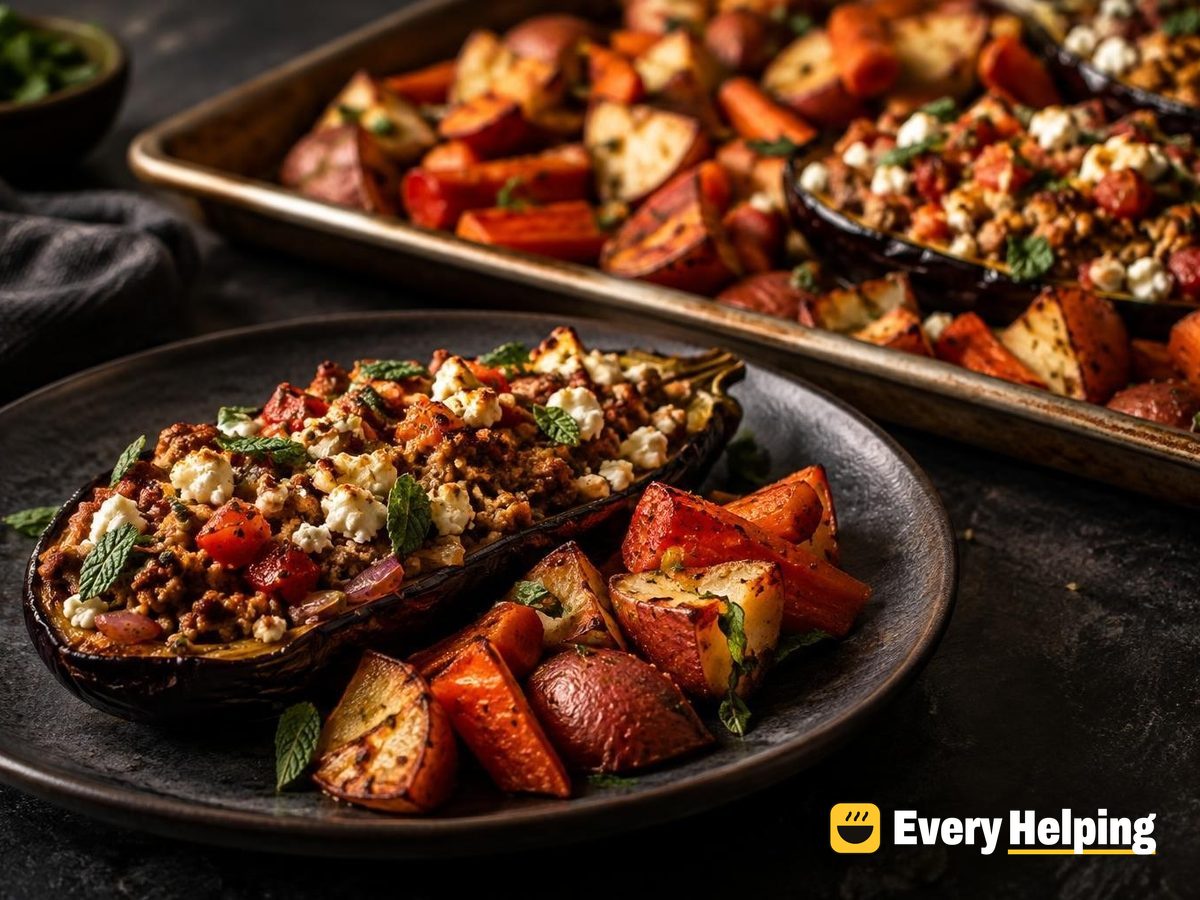 Smoky Turkey-Feta Stuffed Eggplant with Roasted Vegetables