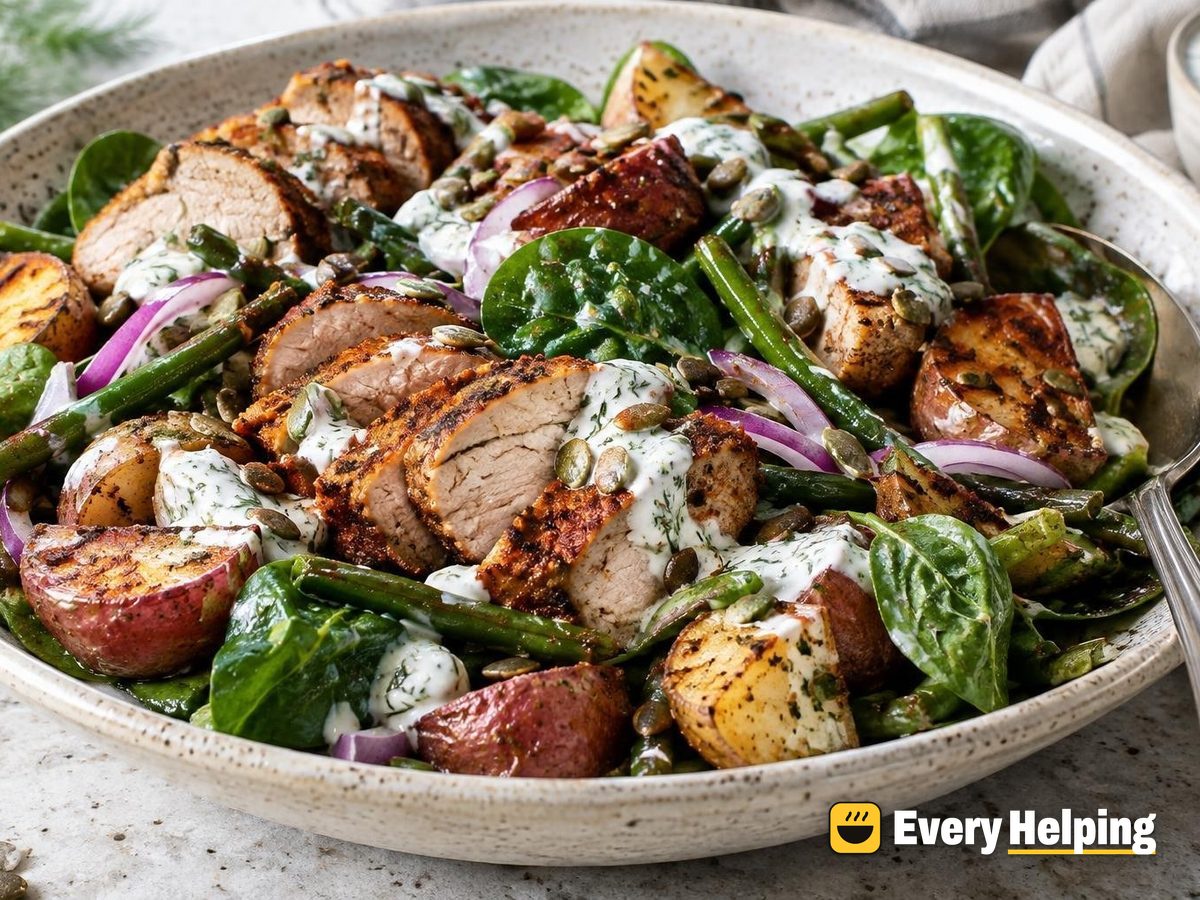 Warm Roasted Pork, Potato and Spinach Salad