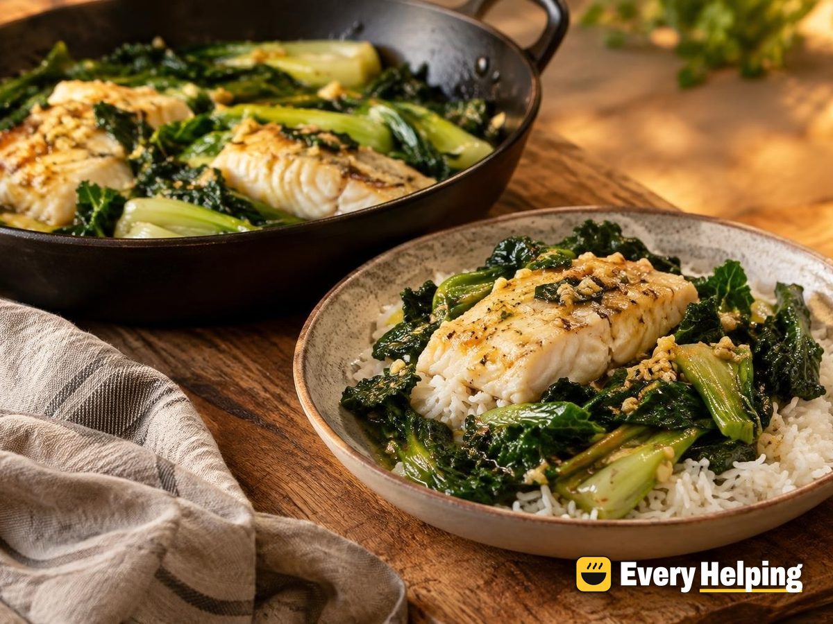 Ginger Garlic Cod with Bok Choy and Greens