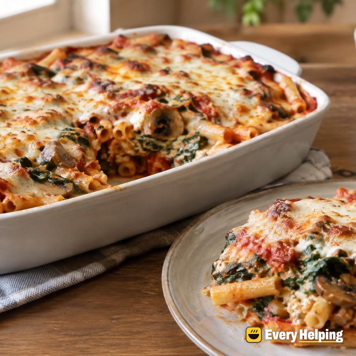 Baked Ziti with Spinach, Mushrooms and Ricotta
