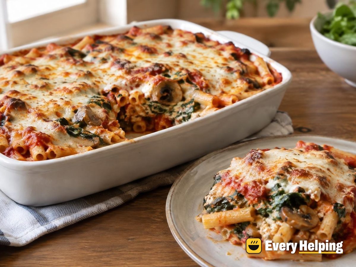 Baked Ziti with Spinach, Mushrooms and Ricotta