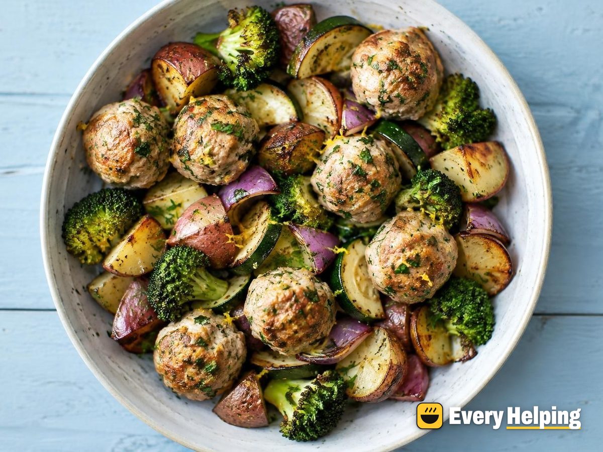 Lemon-Herb Chicken Meatballs with Roasted Vegetables