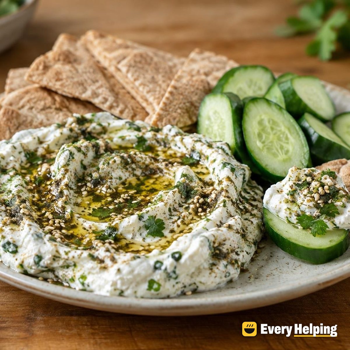 Za'atar-Style Herb Labneh with Cucumbers and Pita