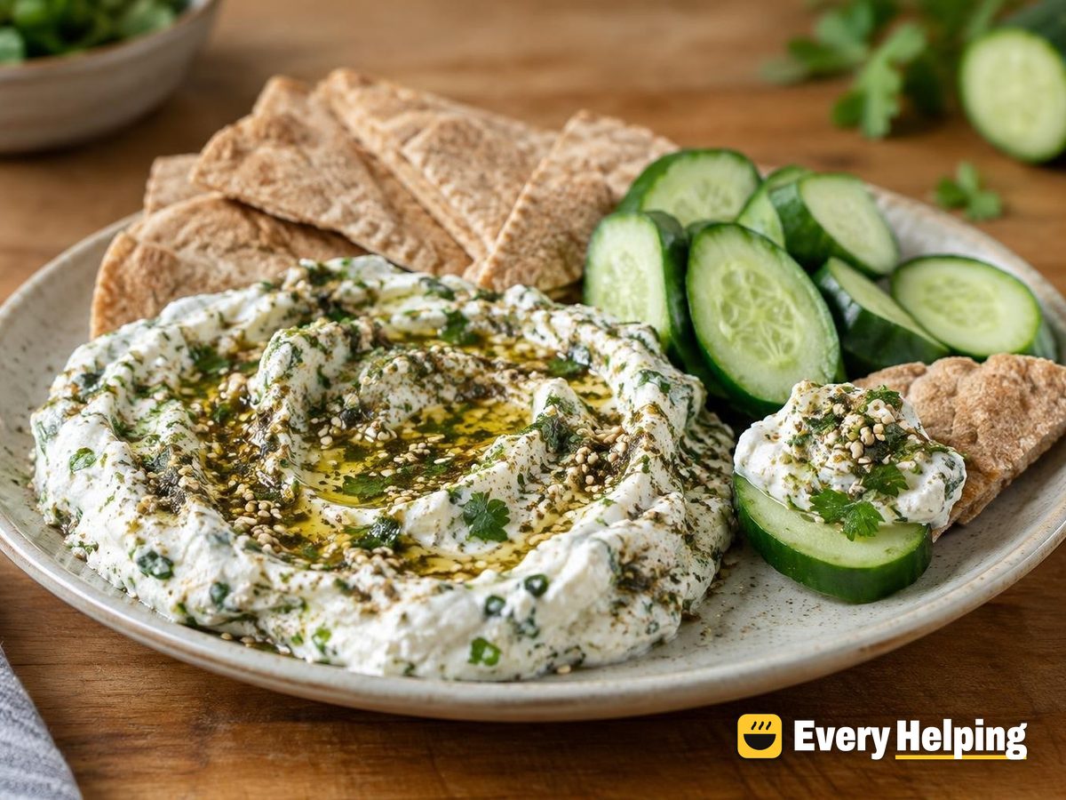 Za'atar-Style Herb Labneh with Cucumbers and Pita