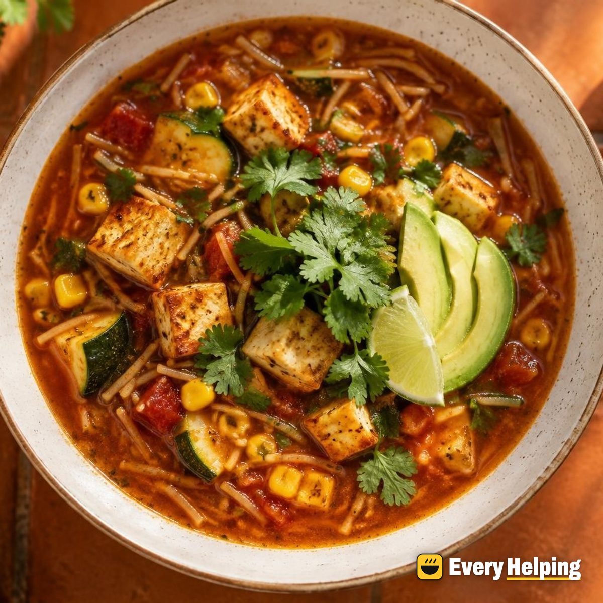 Smoky Tofu Fideo Soup with Corn