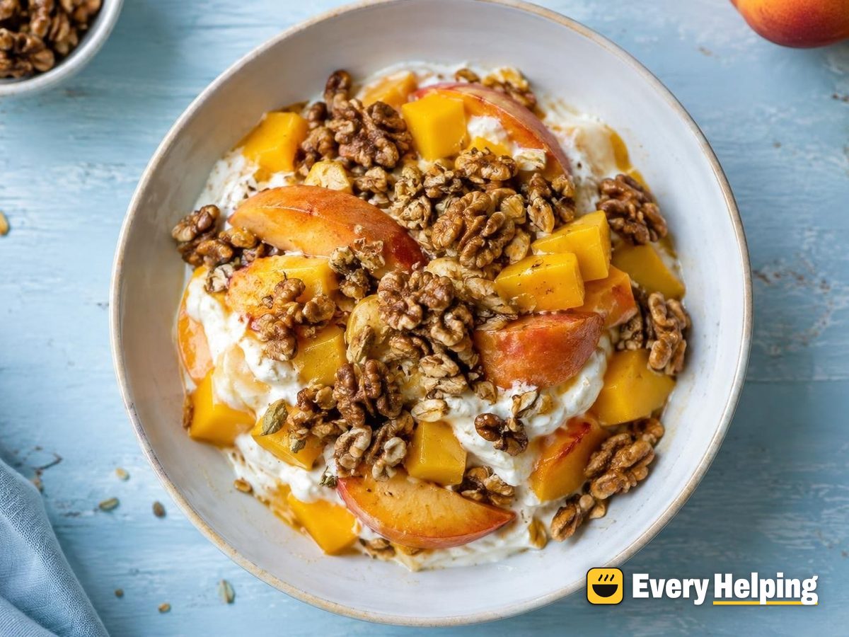 Mango Peach Coconut Parfait with Cardamom Walnuts