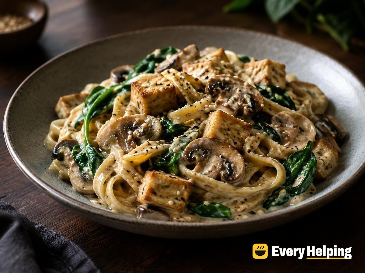 Miso-Mushroom Tofu Fettuccine with Spinach