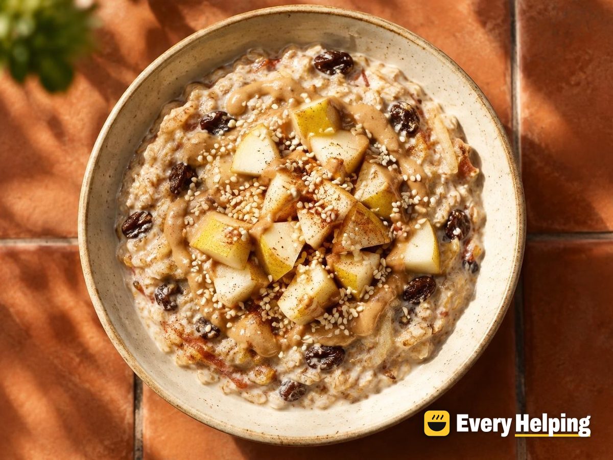 Apple Pear Tahini Overnight Oats with Raisins