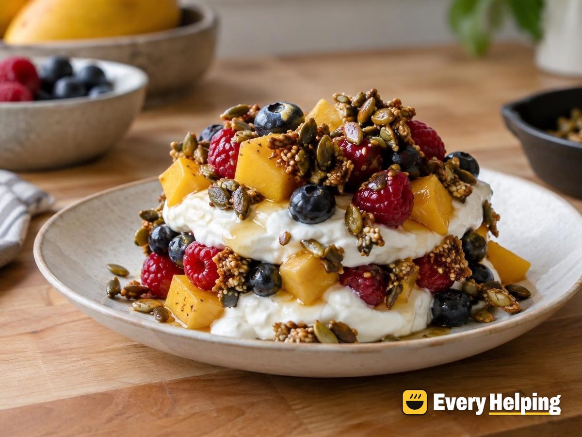 Mango Raspberry Yogurt Parfait with Sesame Crunch