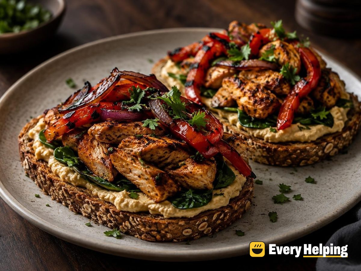 Smoky Chicken Hummus Toasts with Charred Peppers