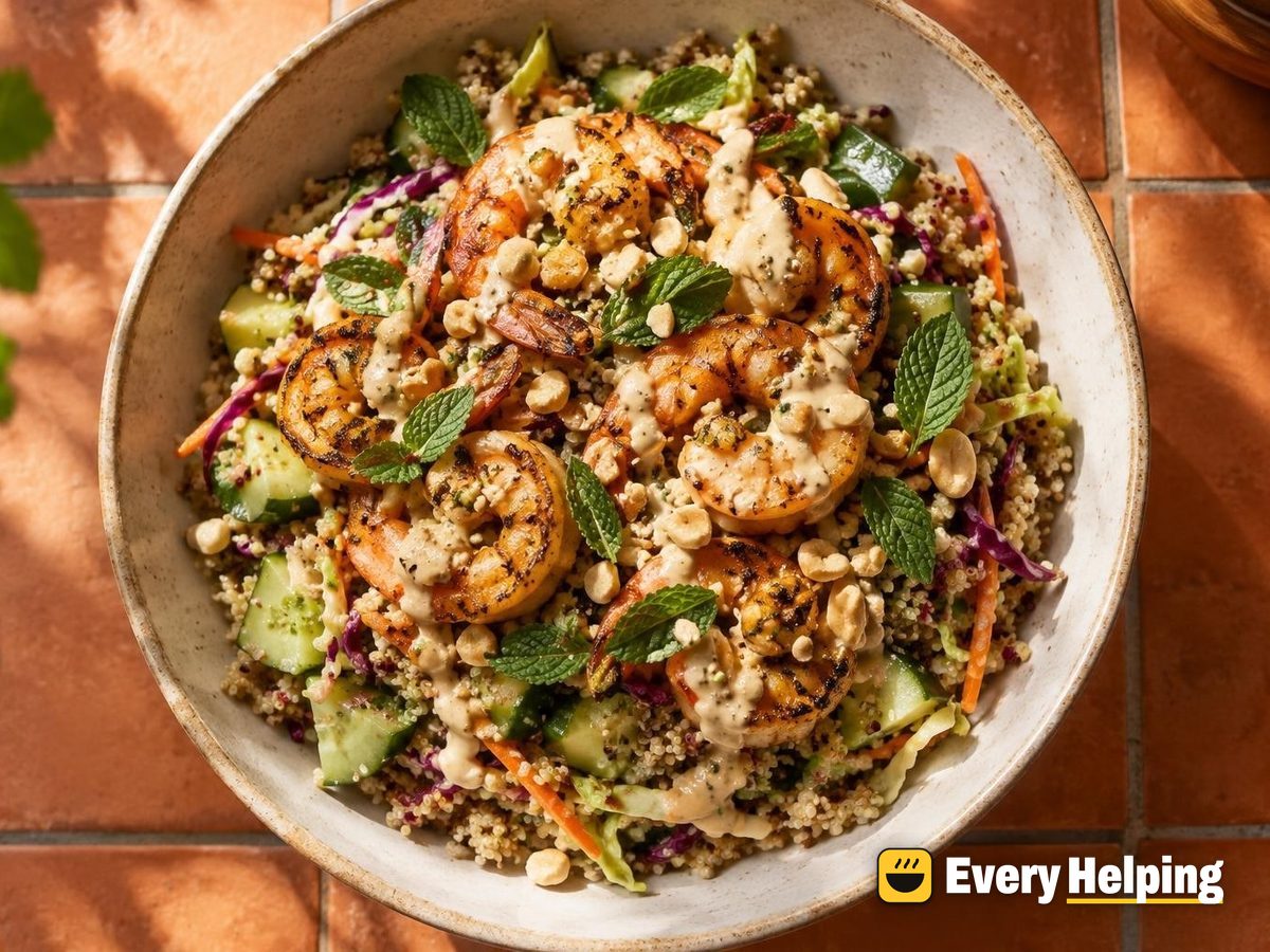 Charred Shrimp Quinoa Slaw with Ginger Tahini