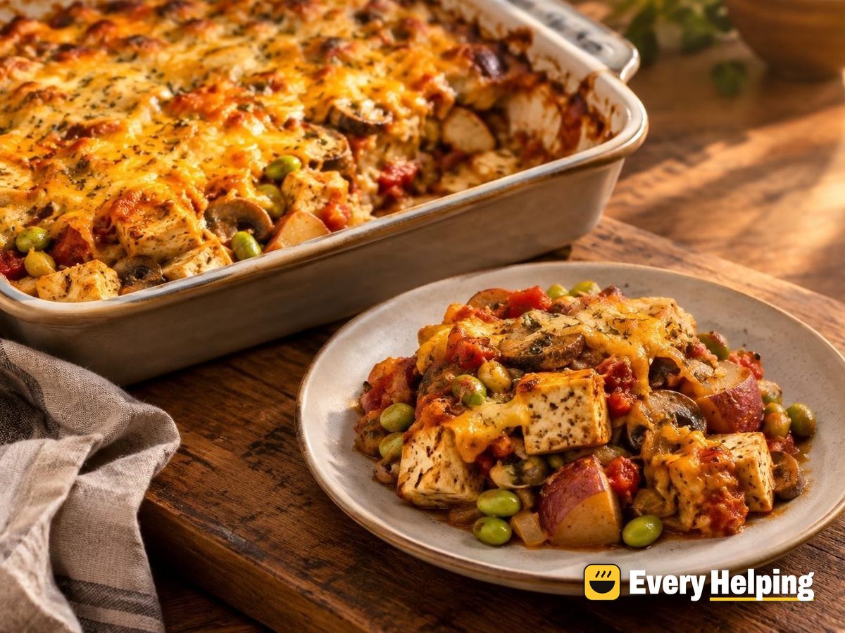 Tofu, Edamame and Potato Tomato Bake