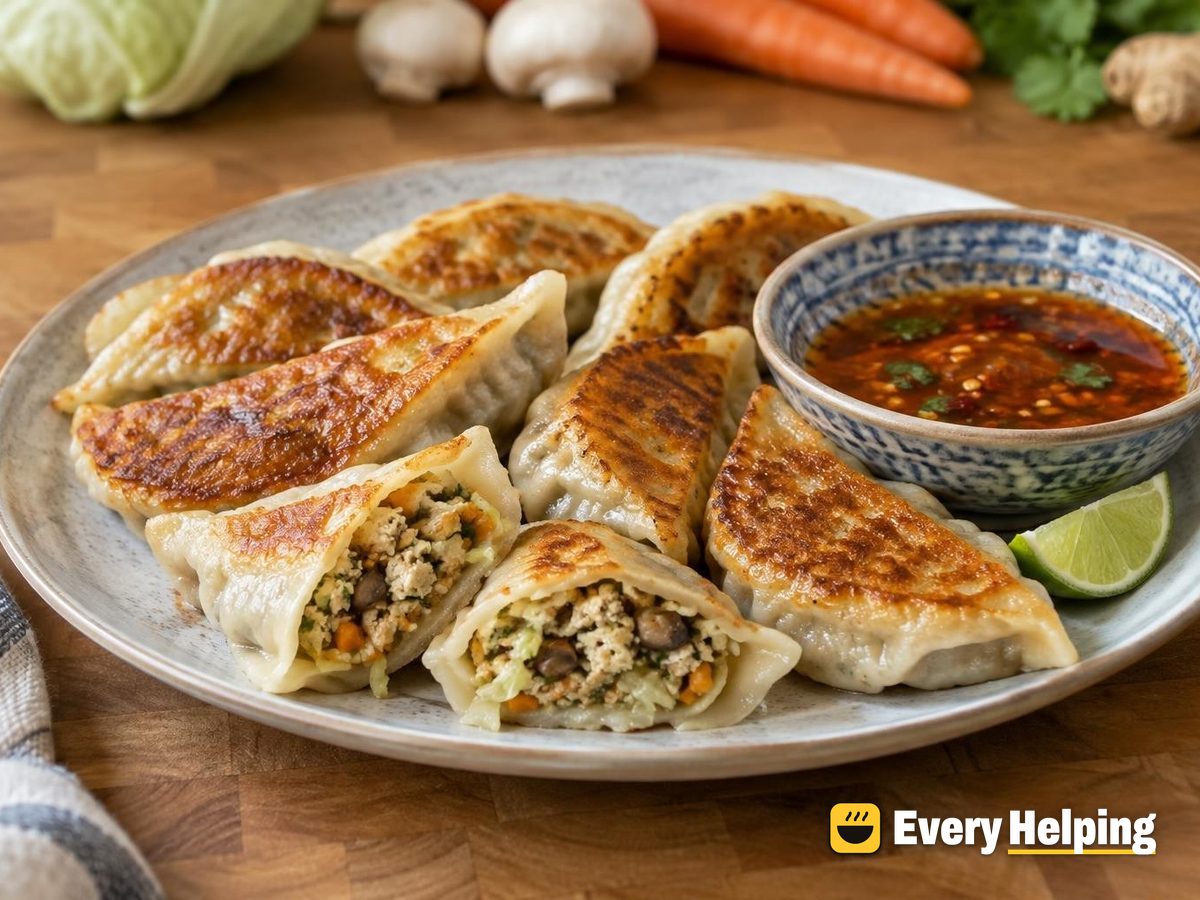 Tofu Mushroom Potstickers with Chili Lime Dip