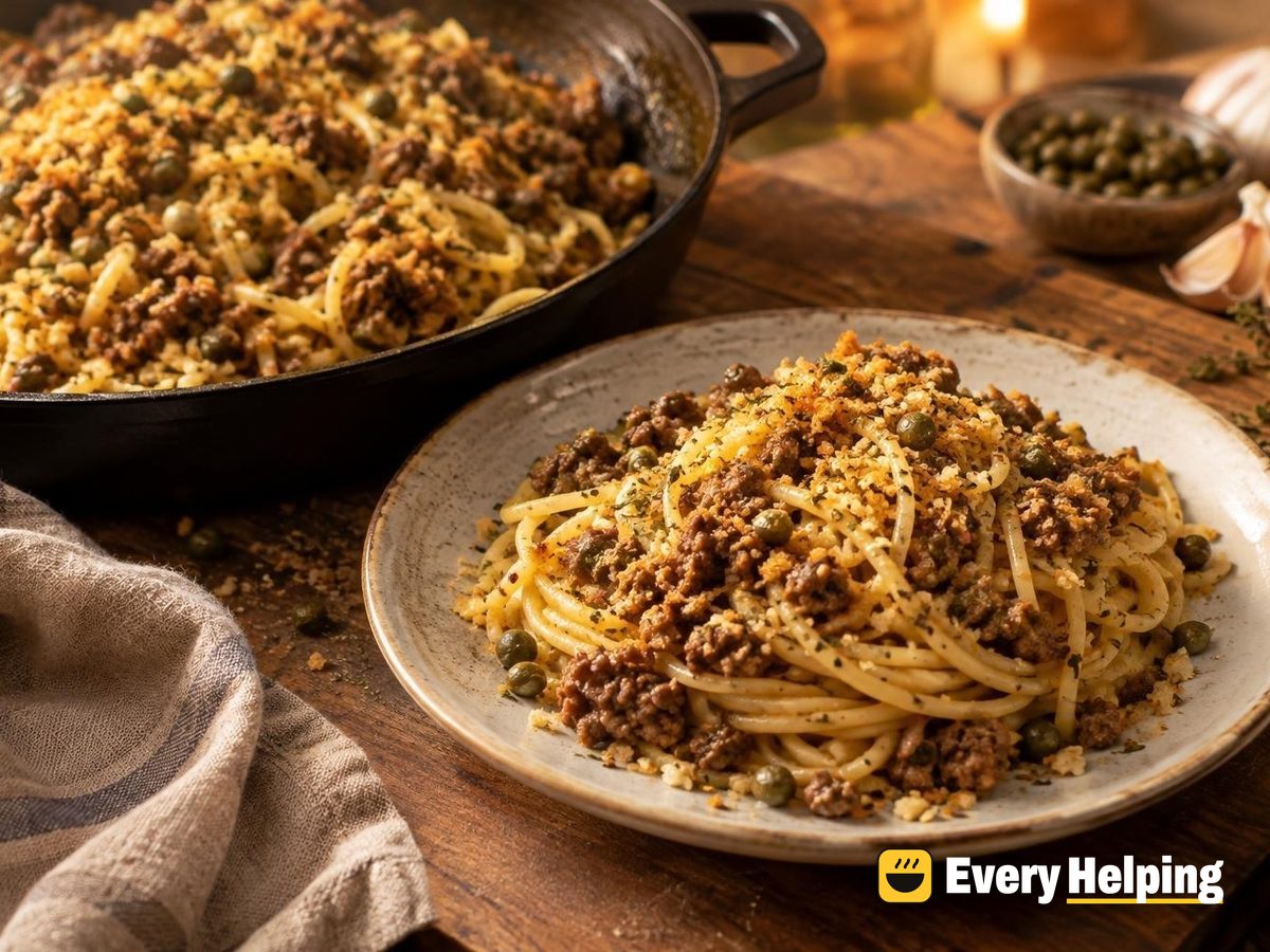 Garlic-Crumb Spaghetti with Crispy Beef and Capers