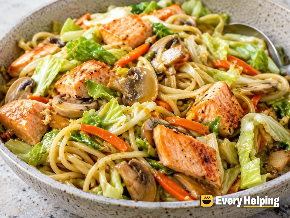 Ginger Garlic Salmon Noodles with Cabbage