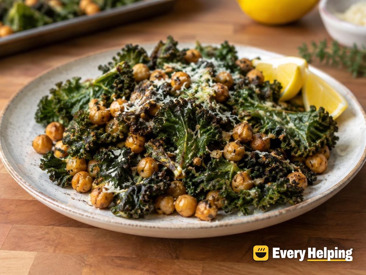 Crispy Garlic Herb Kale with Roasted Chickpeas