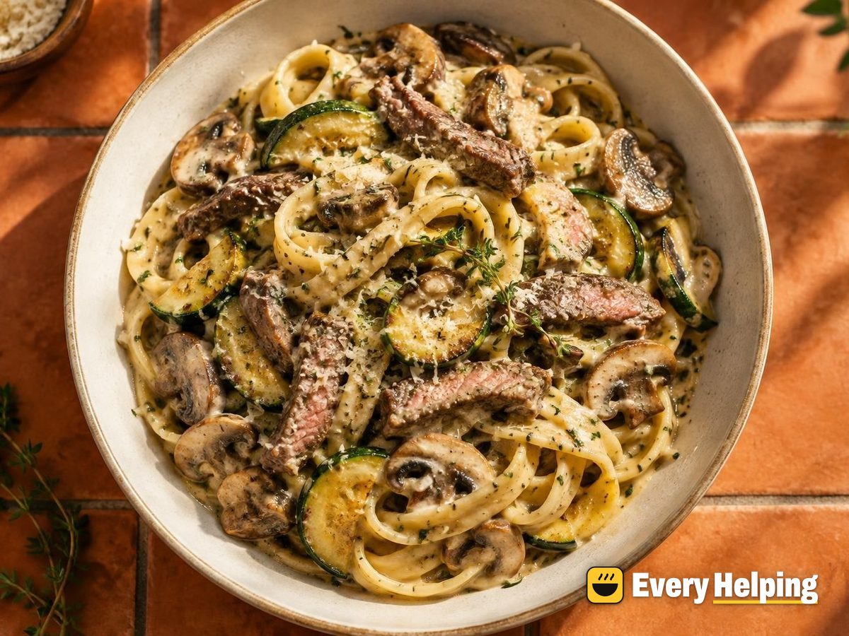 Seared Sirloin Fettuccine with Creamy Mushroom Sauce