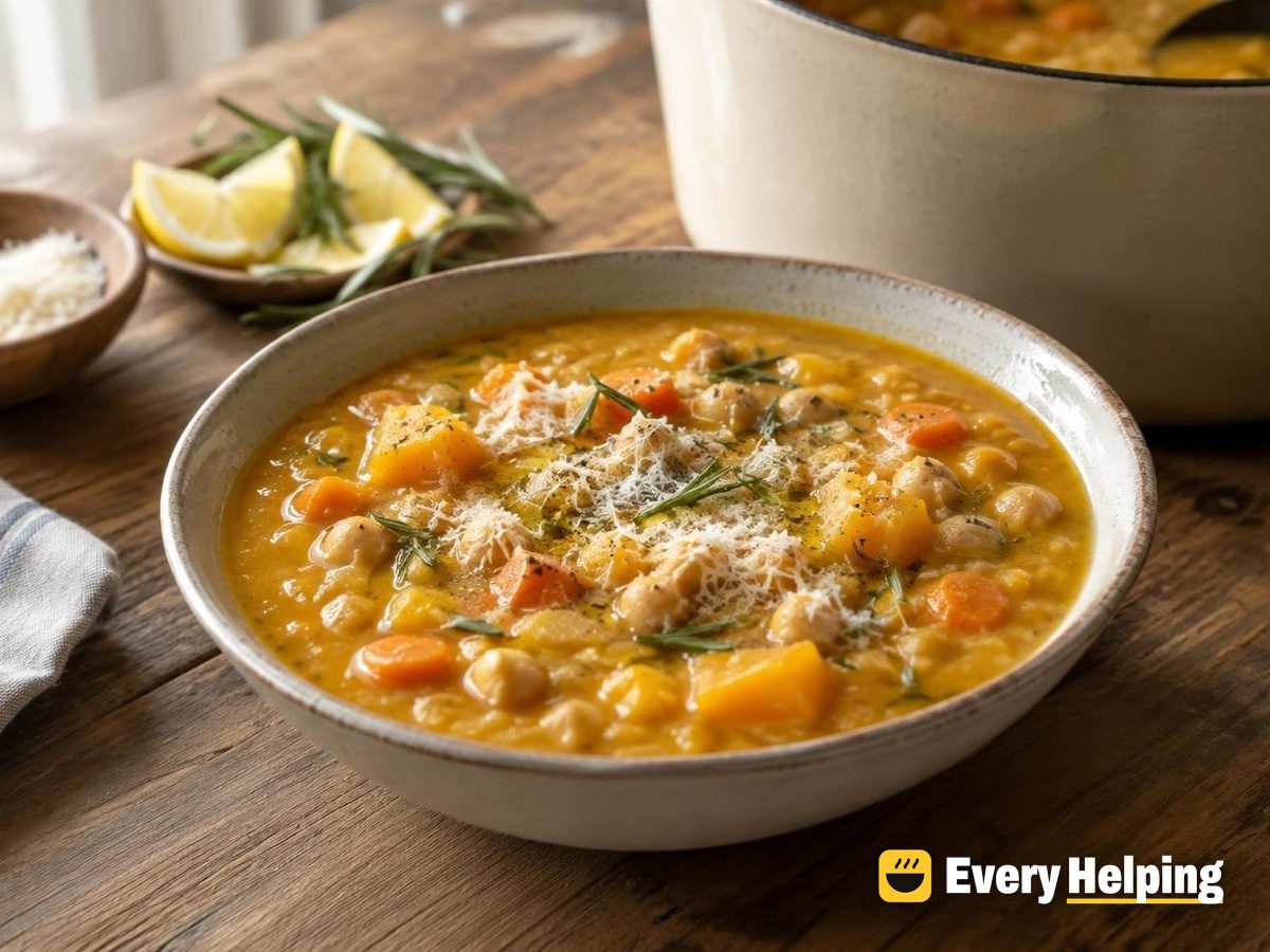 Rosemary Chickpea and Butternut Soup with Parmesan