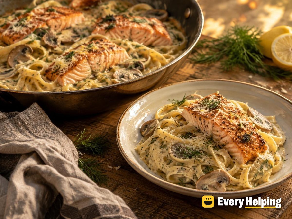 Salmon Fettuccine with Creamy Mushroom Dill Sauce