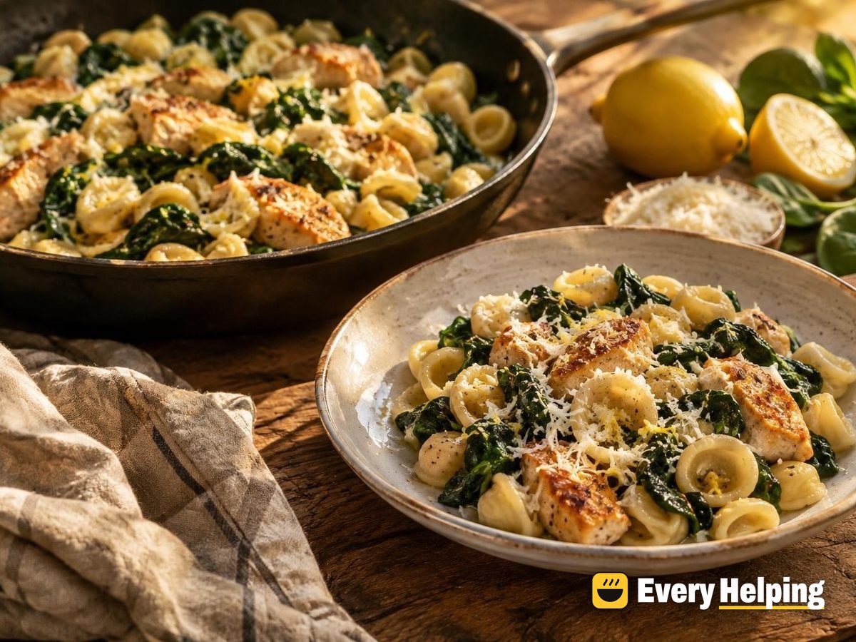 Garlic Chicken Orecchiette with Lemony Spinach