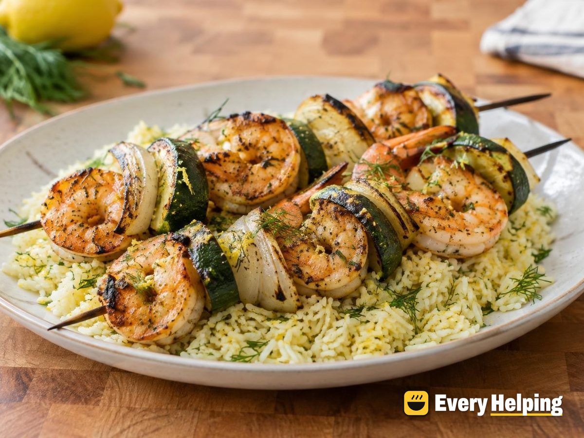 Lemon-Pepper Shrimp Skewers with Zucchini and Orzo-Style Rice