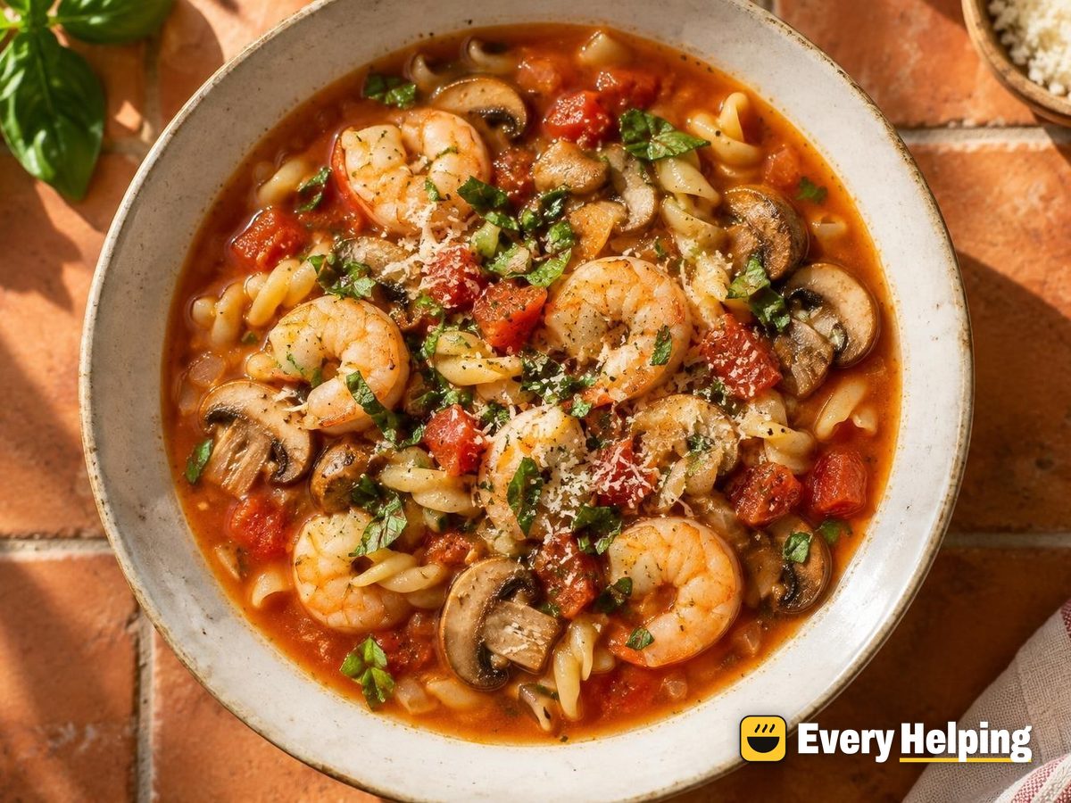 Garlicky Shrimp and Mushroom Tomato Noodle Soup