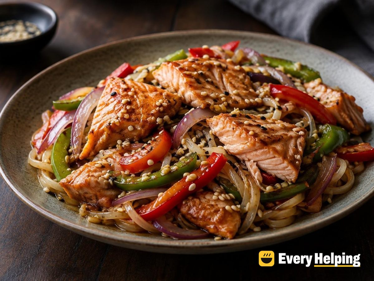 Ginger Salmon Sesame Noodles with Peppers