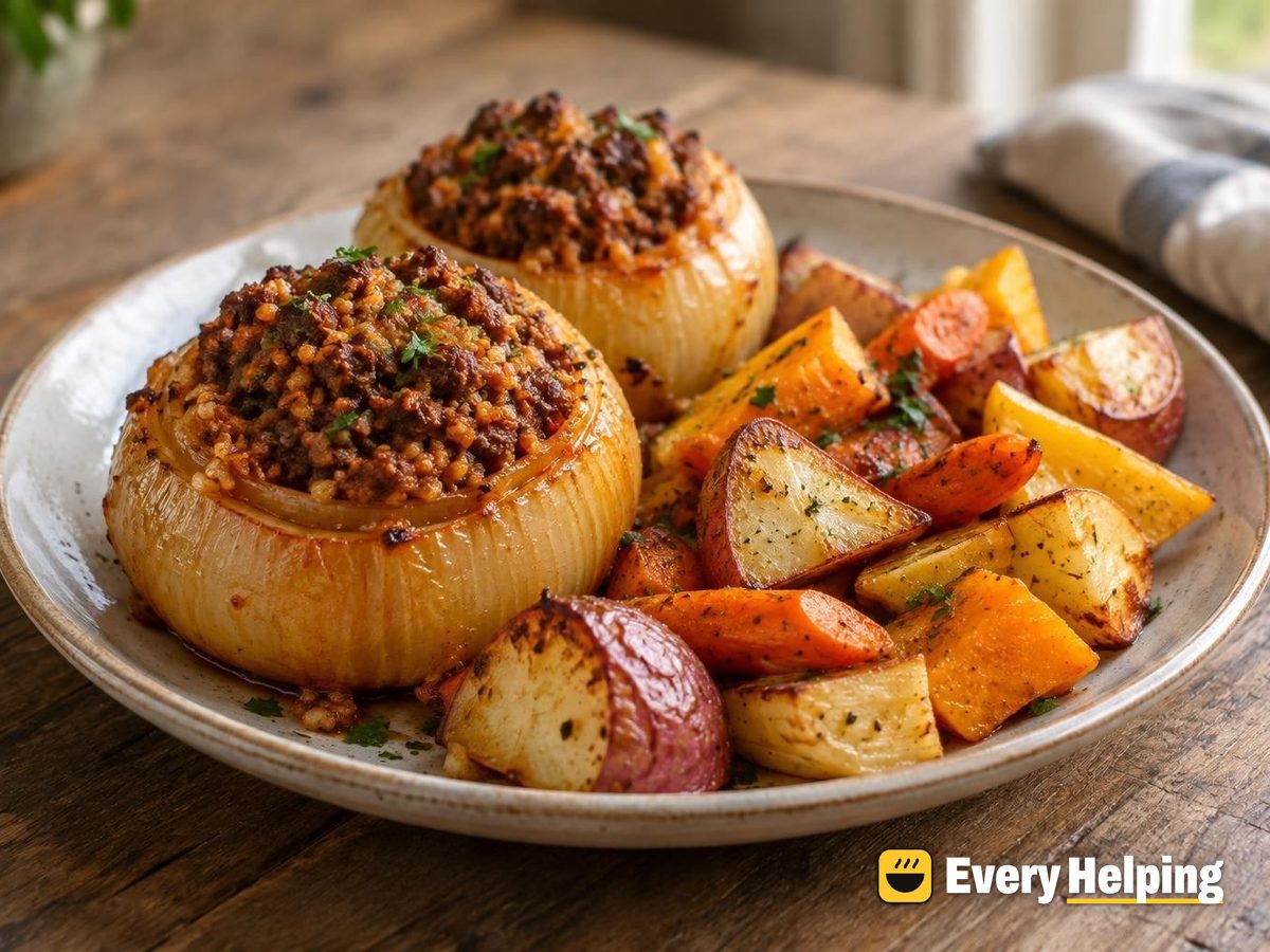 Smoky Beef-Stuffed Onions with Roasted Roots