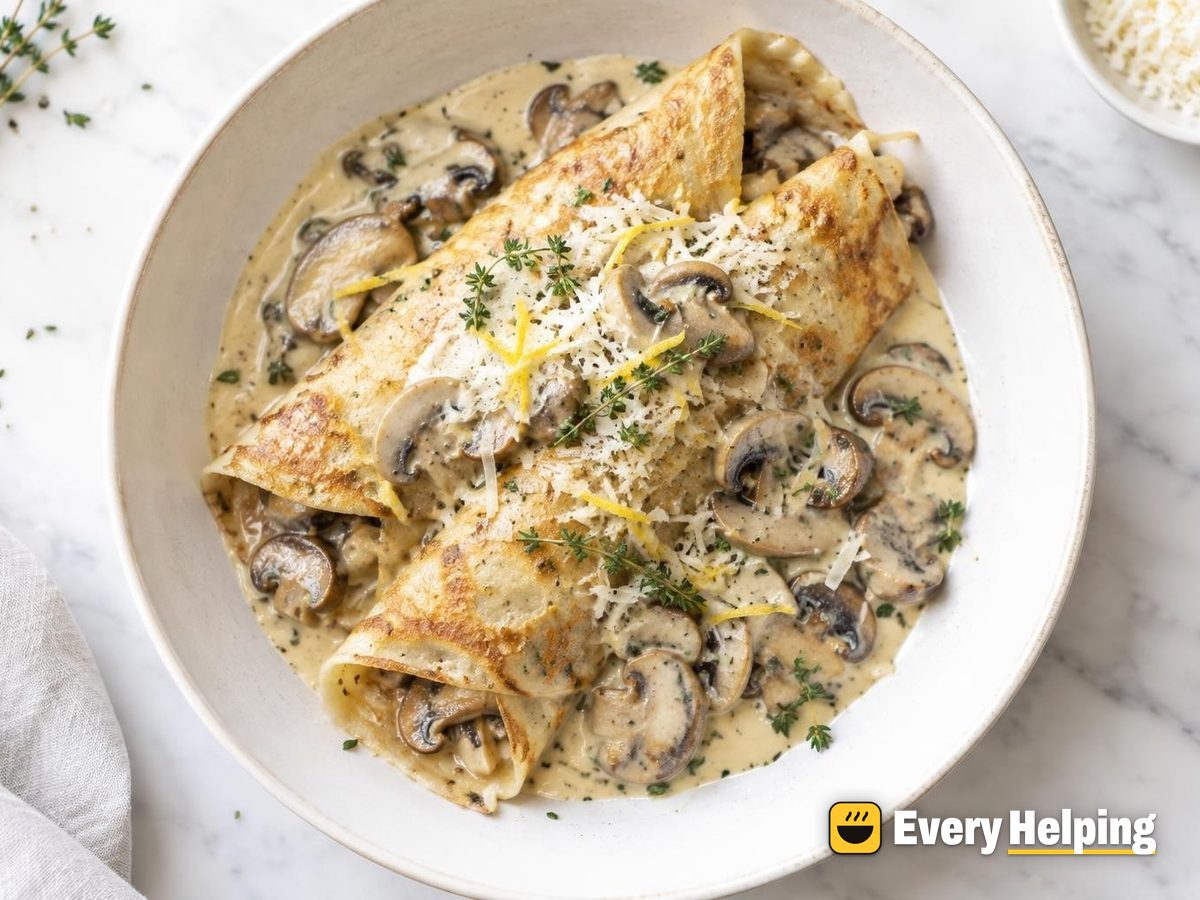 Oat Crêpes with Creamy Thyme Mushroom Sauce
