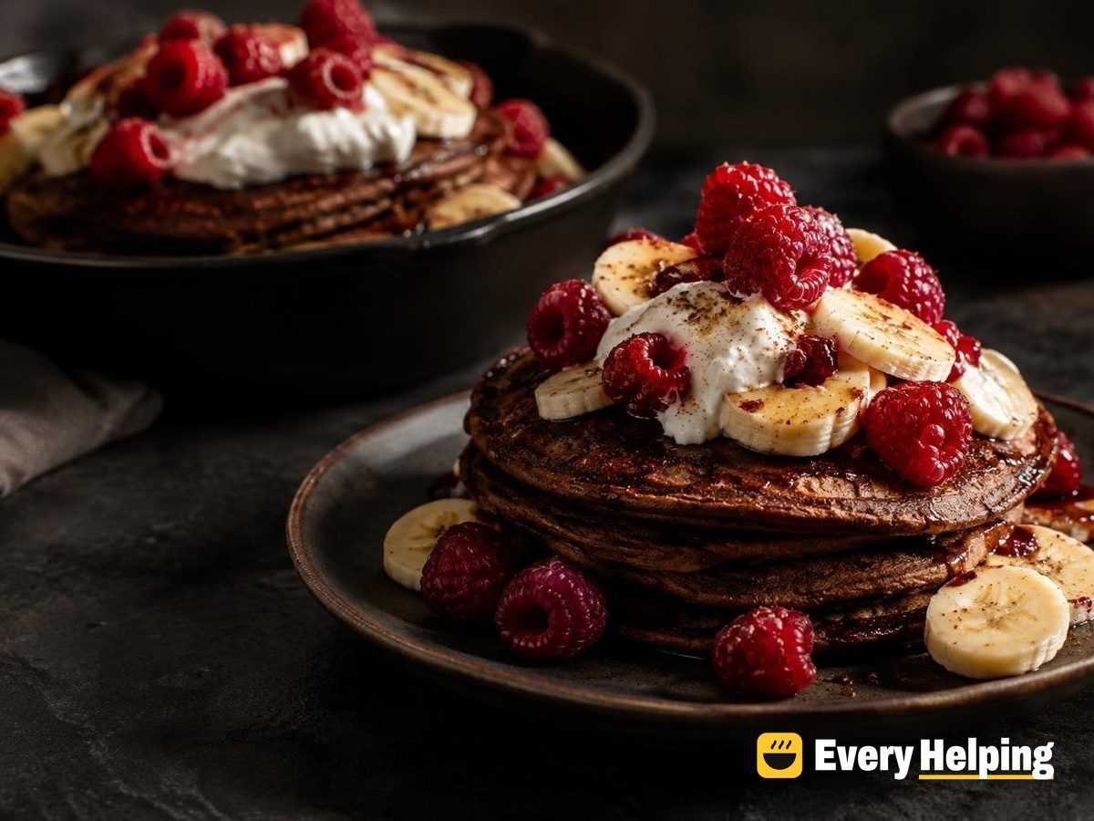 Fluffy Mocha Banana Pancakes with Raspberries