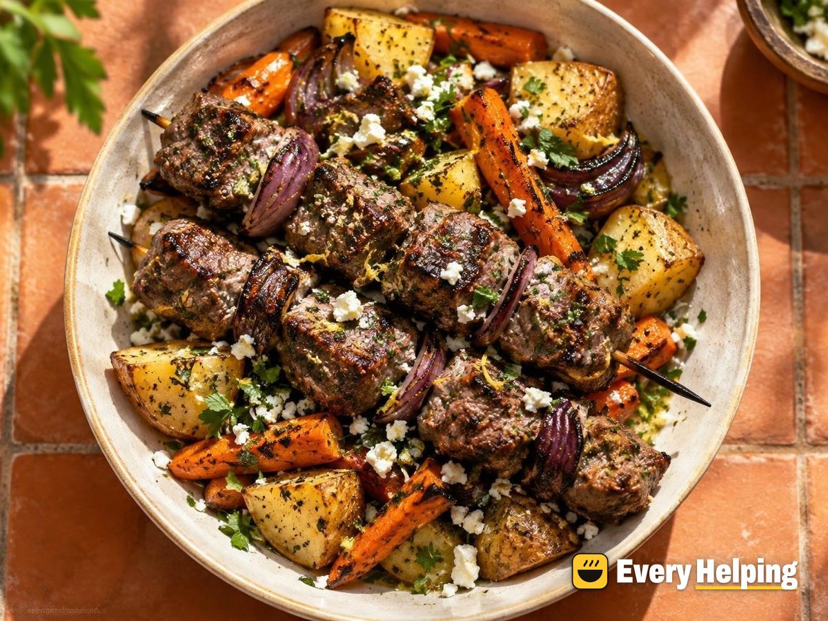 Garlic Herb Beef Kebabs with Roasted Potatoes
