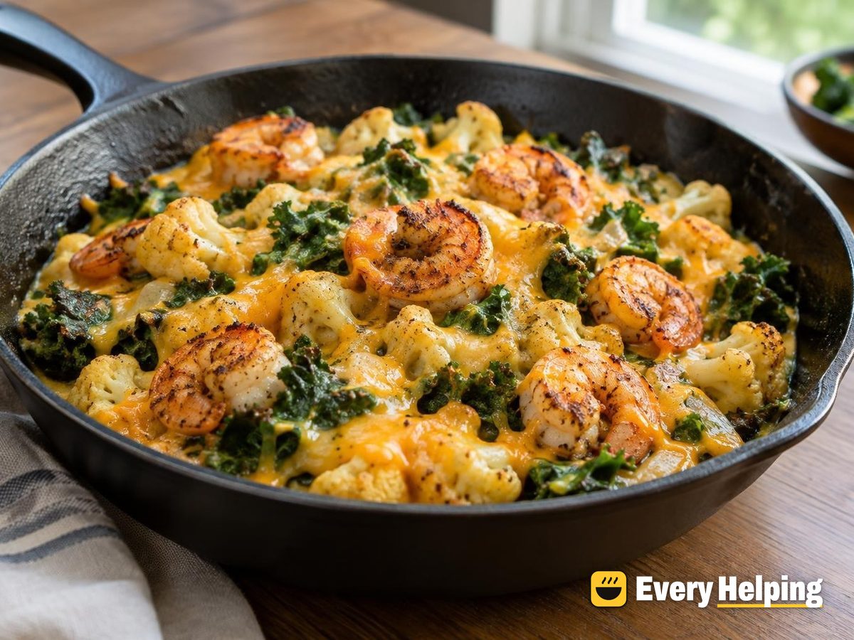 Cheesy Cauliflower and Shrimp Skillet
