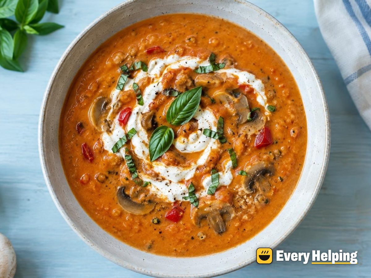 Roasted Red Pepper Mushroom Soup with Lentils