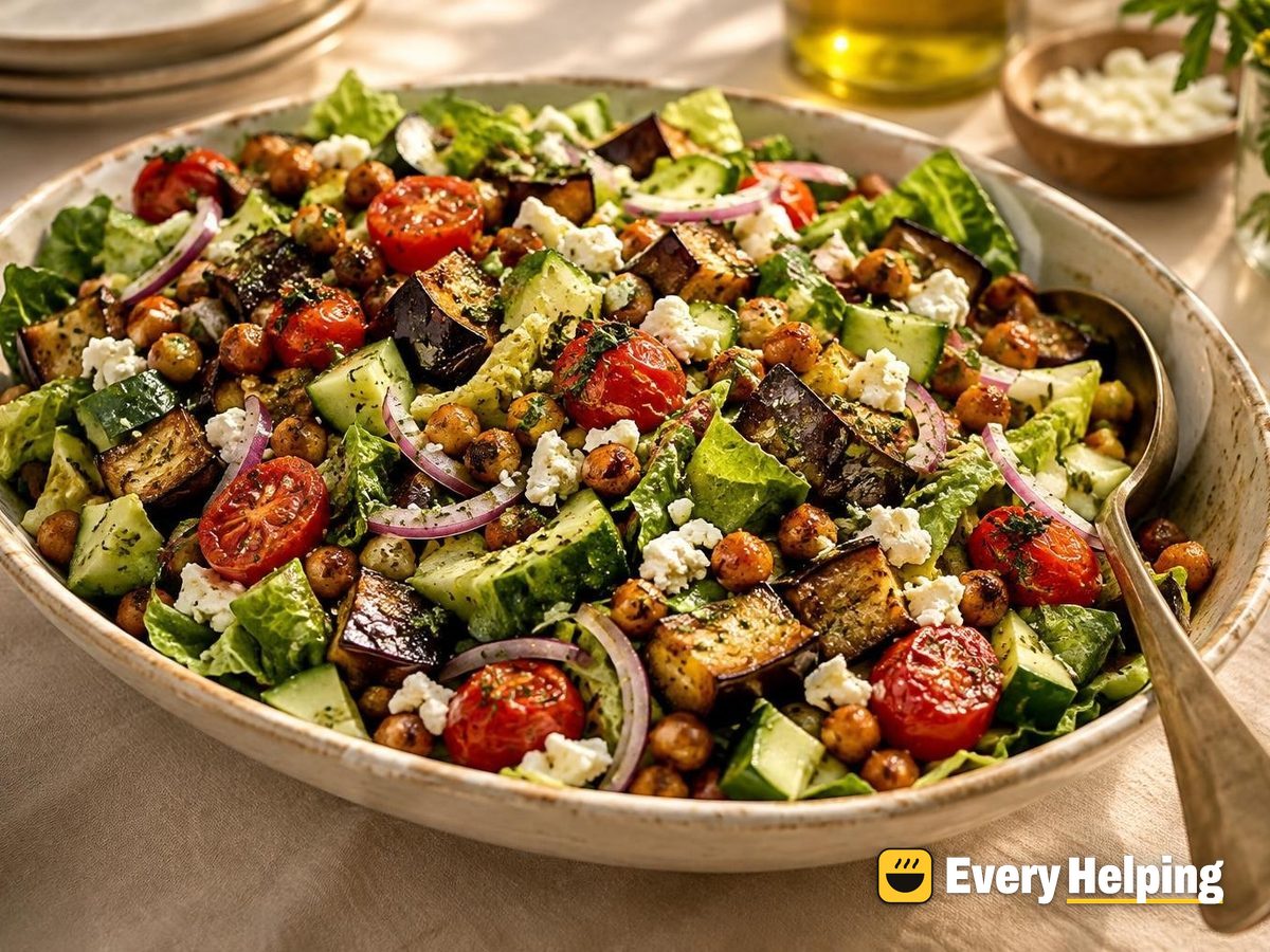 Warm Roasted Chickpea and Eggplant Romaine Salad
