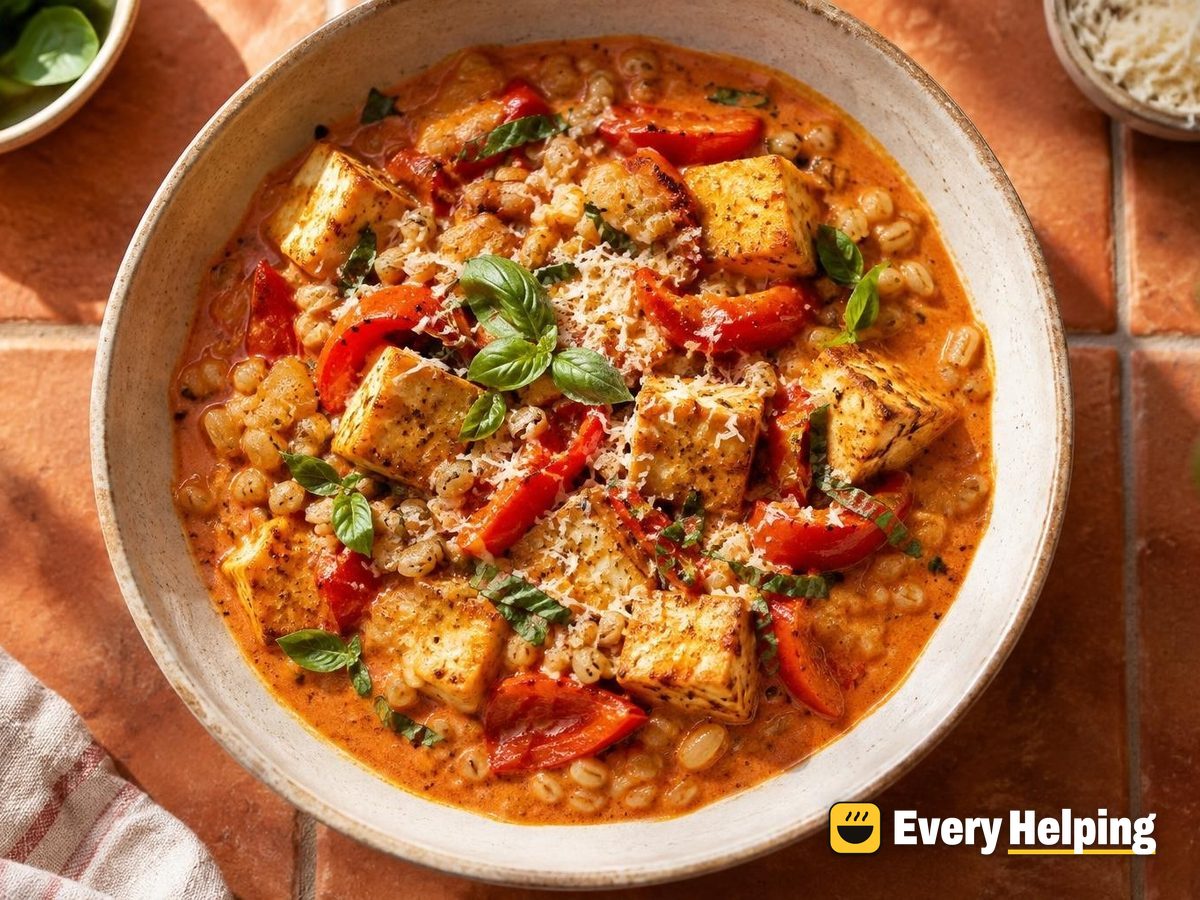 Roasted Pepper Coconut Tofu Stew with Farro-Style Barley