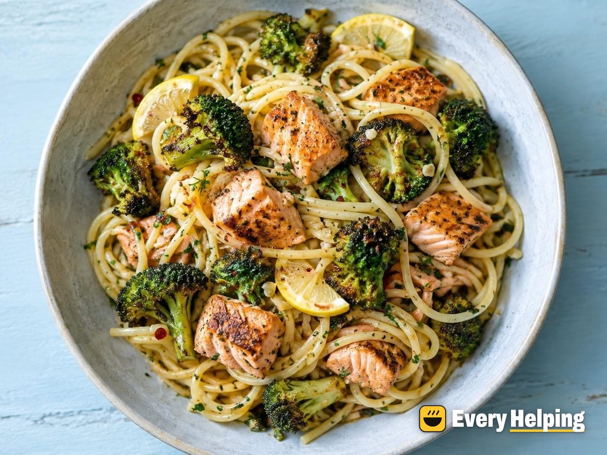 Garlic Salmon Spaghetti with Charred Broccoli