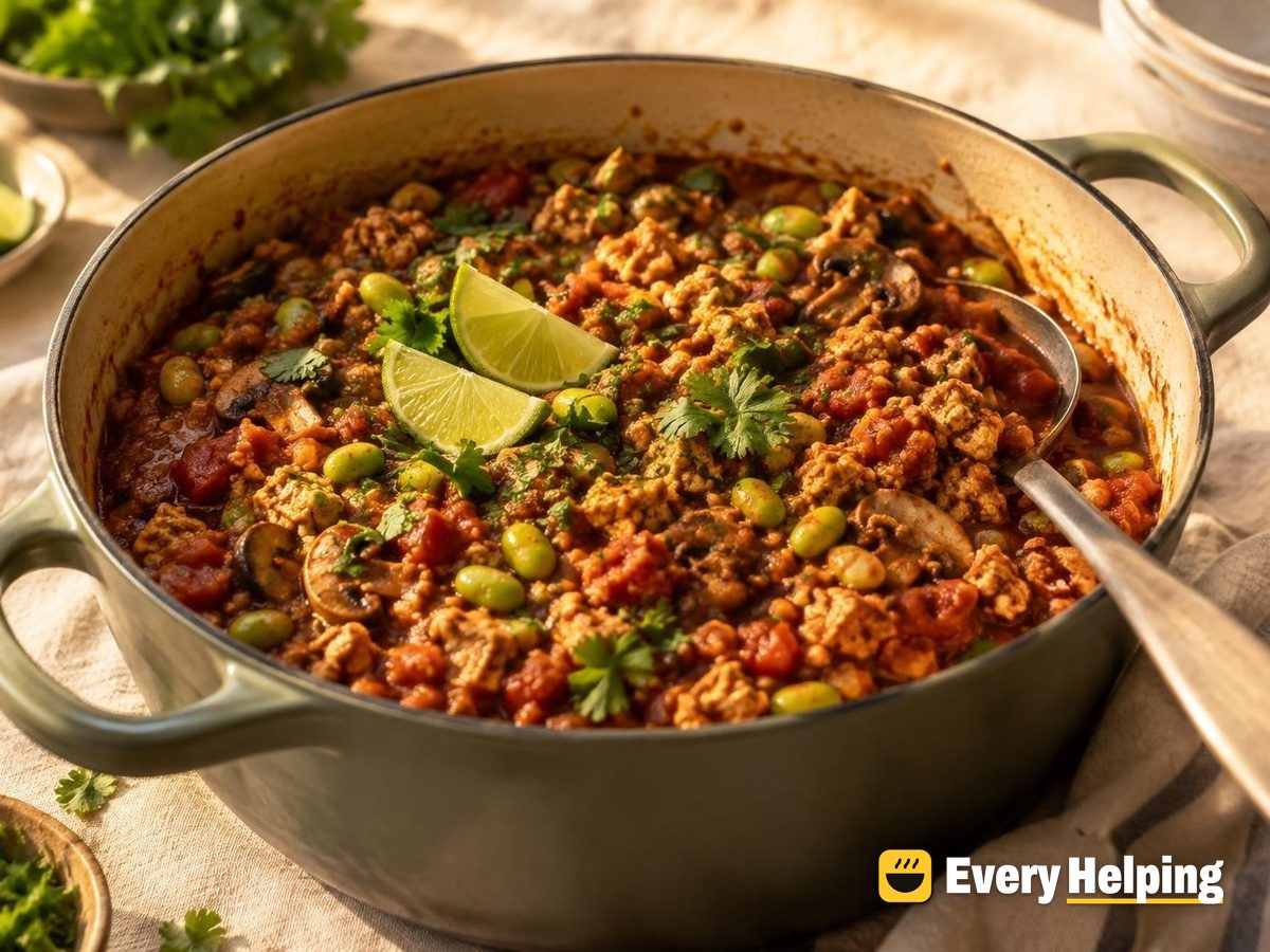 Crumbled Tofu Chili with Mushrooms and Edamame