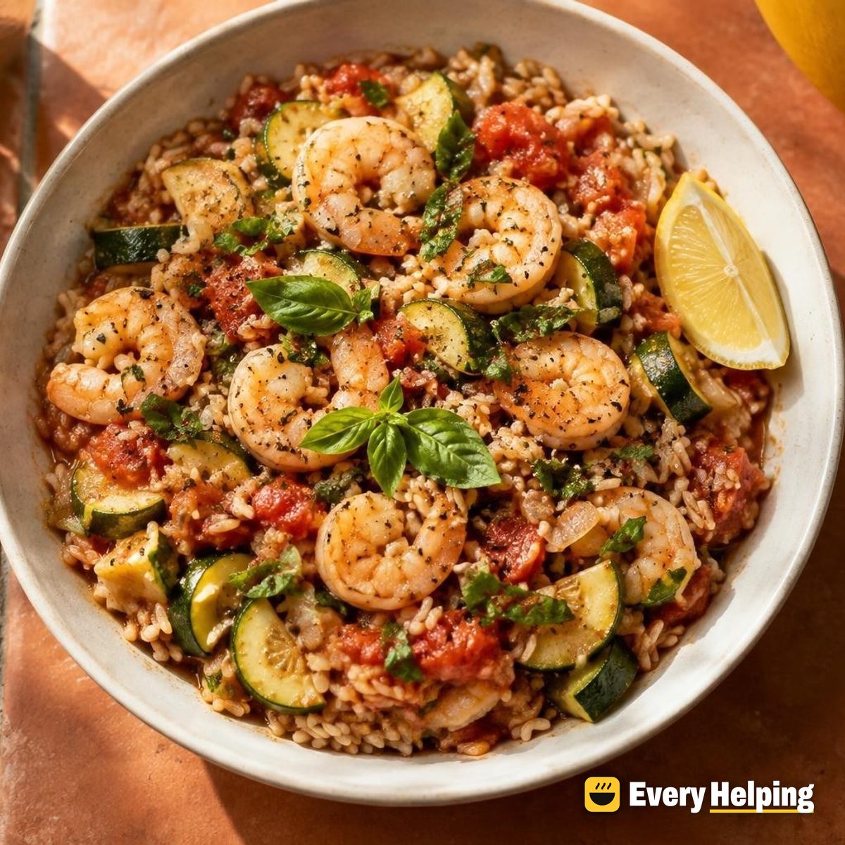 Garlicky Shrimp Tomato Rice with Zucchini and Basil
