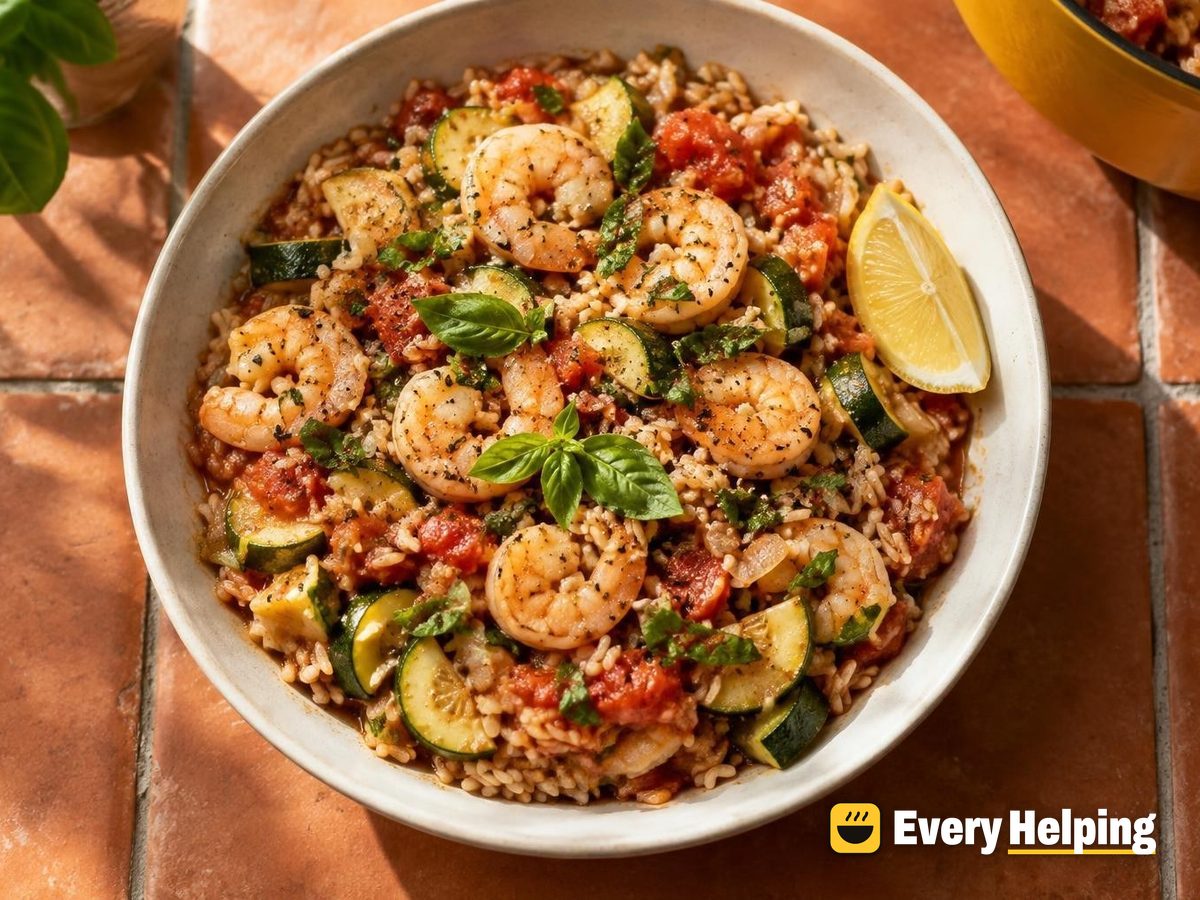 Garlicky Shrimp Tomato Rice with Zucchini and Basil