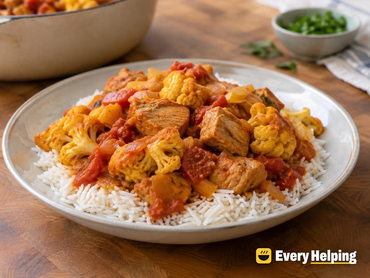 Pork and Cauliflower Tomato Curry with Rice