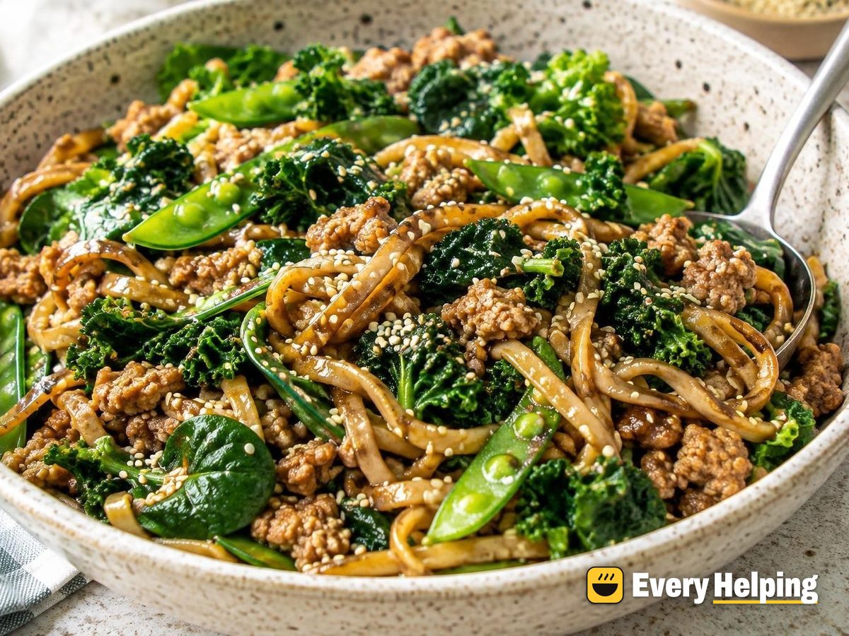 Sesame Pork Udon-Style Noodles with Kale