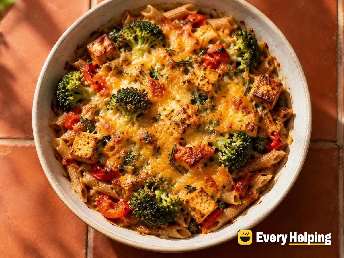 Smoky Tofu, Broccoli and Cheddar Pasta Bake