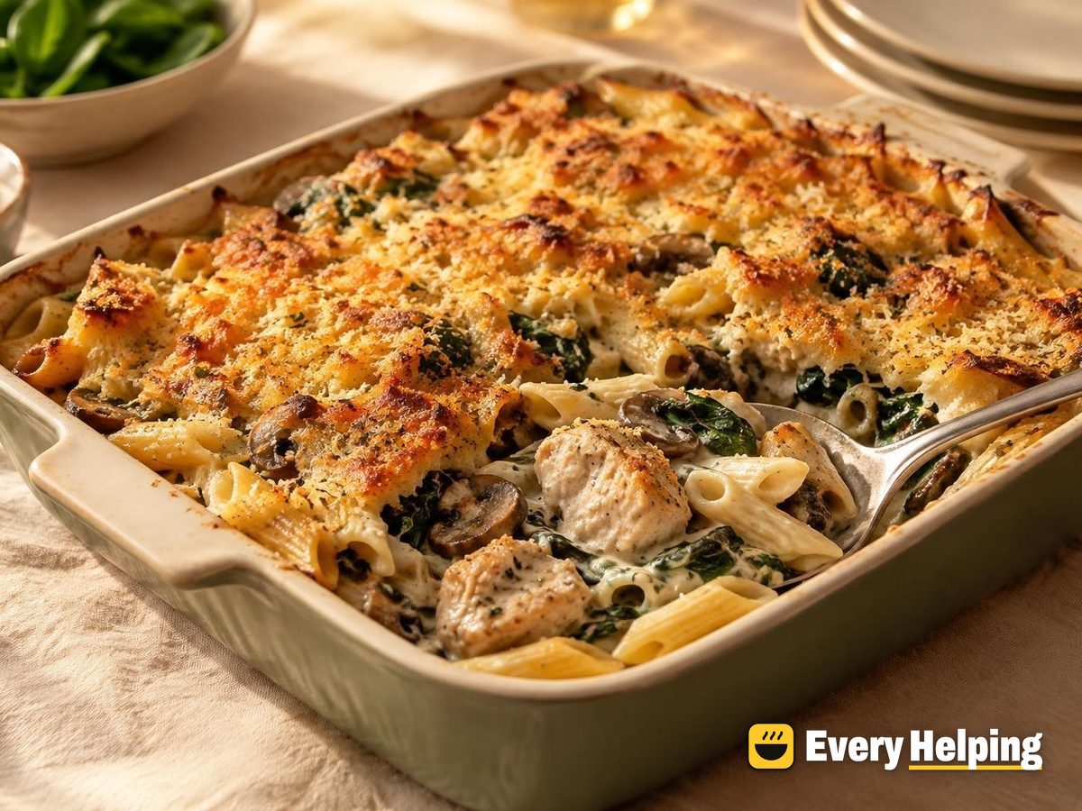 Chicken, Mushroom and Spinach Yogurt Pasta Bake