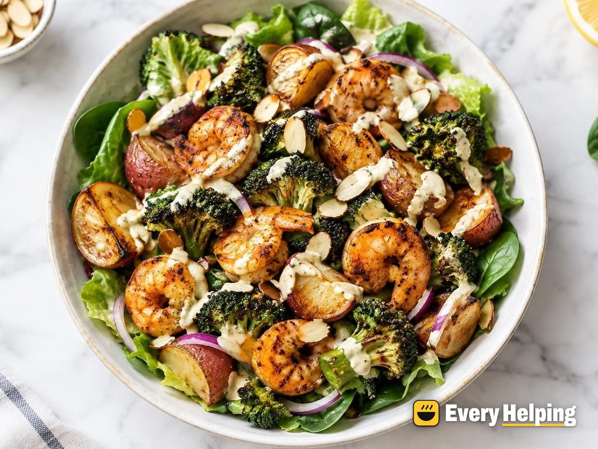 Roasted Shrimp, Broccoli and Potato Tahini Salad