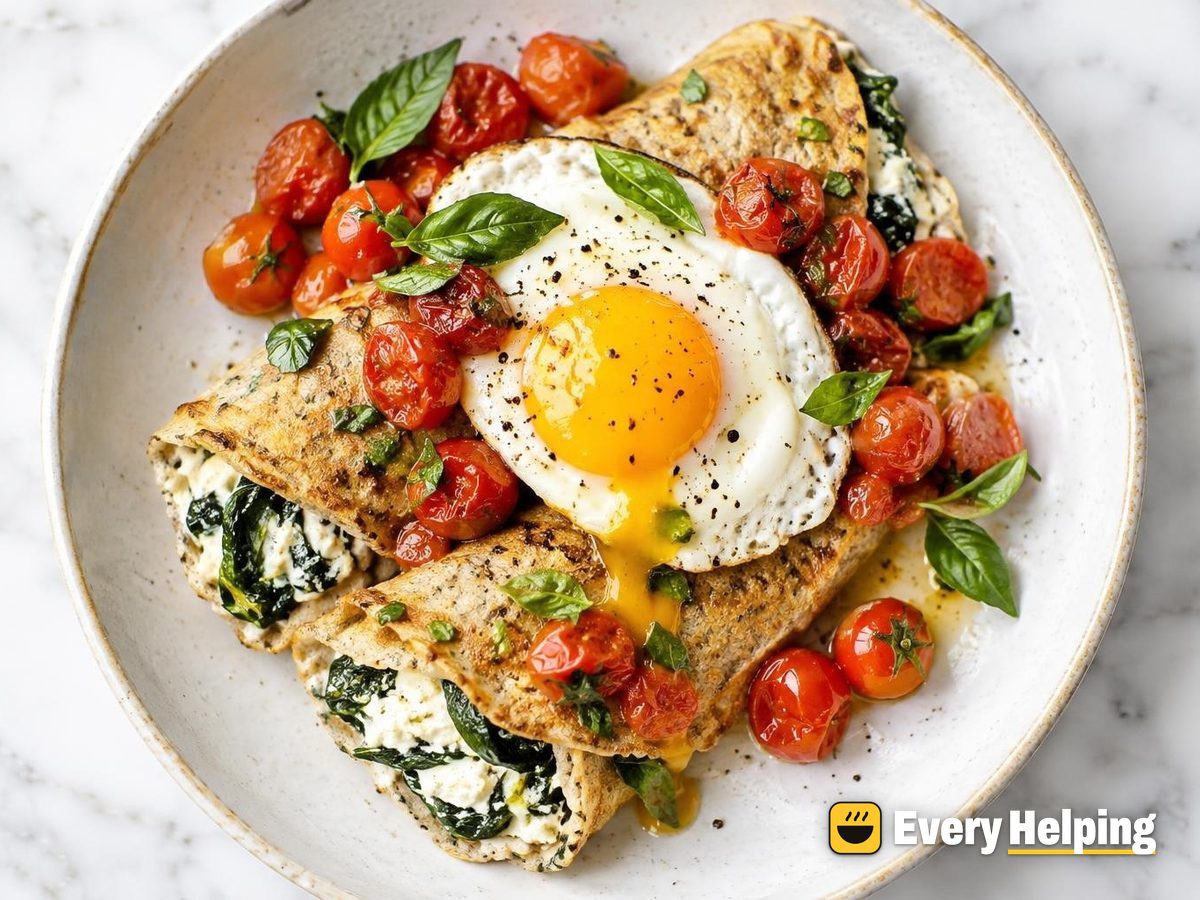 Spinach Ricotta Crêpes with Sunny Eggs