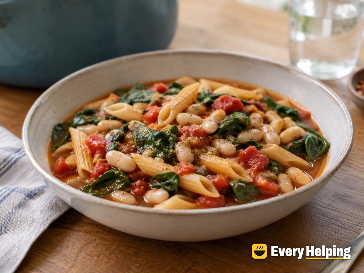 One-pot pasta with tomatoes, white beans and spinach