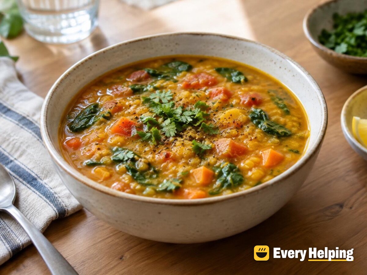 One-pot red lentil soup with spinach