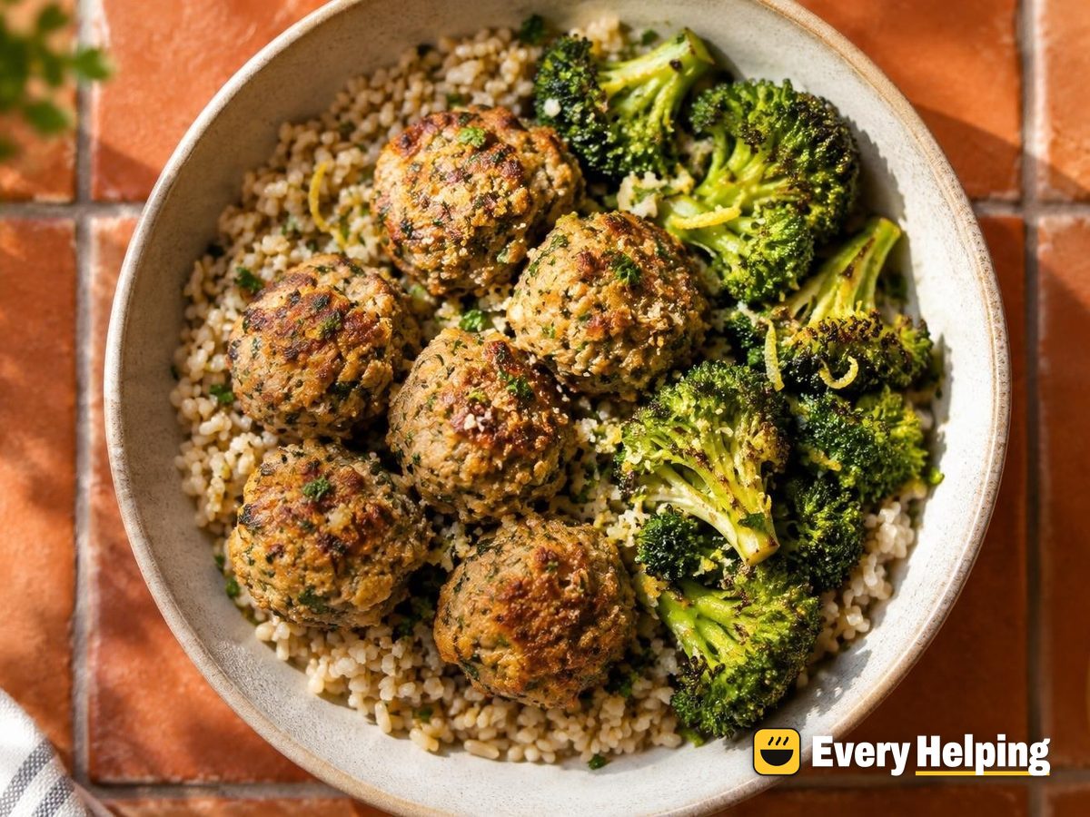 Parmesan-Herb Baked Tofu Meatballs with Brown Rice